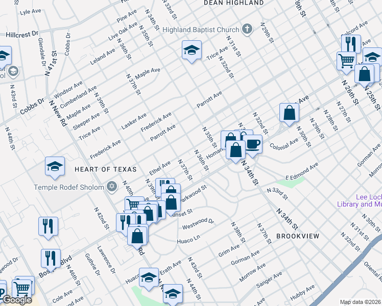 map of restaurants, bars, coffee shops, grocery stores, and more near 3608 Ethel Avenue in Waco