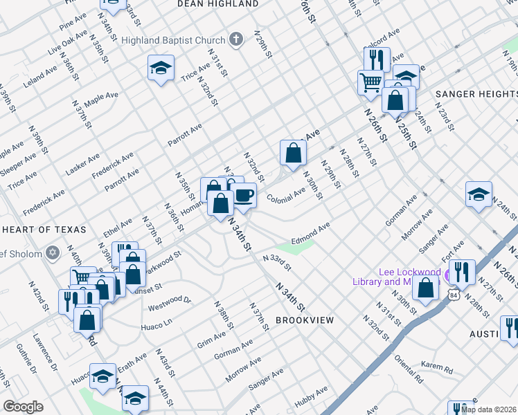 map of restaurants, bars, coffee shops, grocery stores, and more near 3229 Cole Avenue in Waco