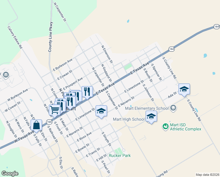 map of restaurants, bars, coffee shops, grocery stores, and more near 908 E Texas Ave in Mart