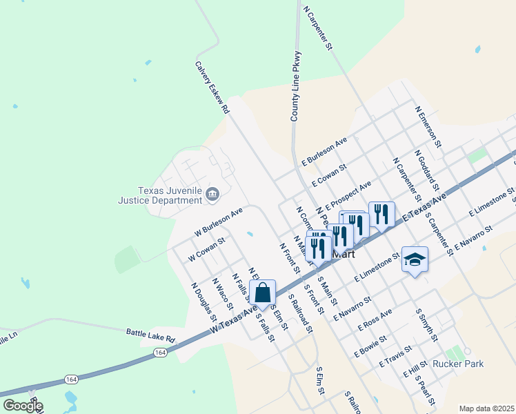map of restaurants, bars, coffee shops, grocery stores, and more near 116 West Burleson Avenue in Mart