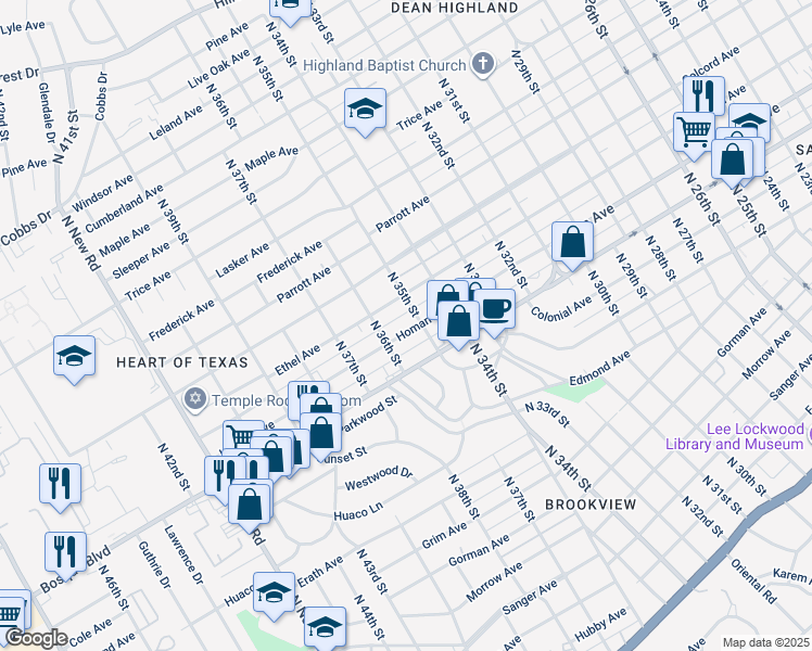 map of restaurants, bars, coffee shops, grocery stores, and more near 3513 Homan Avenue in Waco