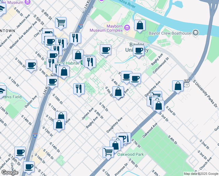 map of restaurants, bars, coffee shops, grocery stores, and more near 1522 South 5th Street in Waco