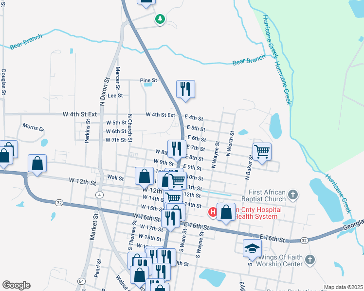 map of restaurants, bars, coffee shops, grocery stores, and more near 112 East 7th Street in Alma