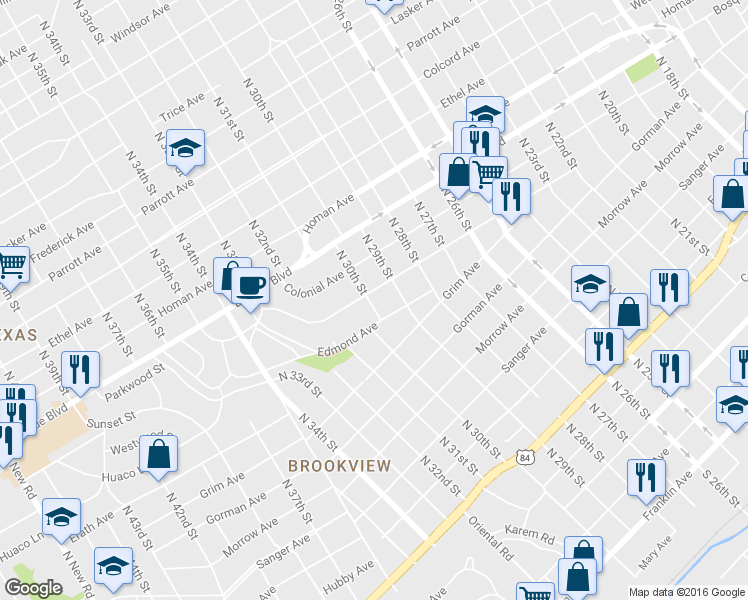 map of restaurants, bars, coffee shops, grocery stores, and more near 2924 Cole Ave in Waco