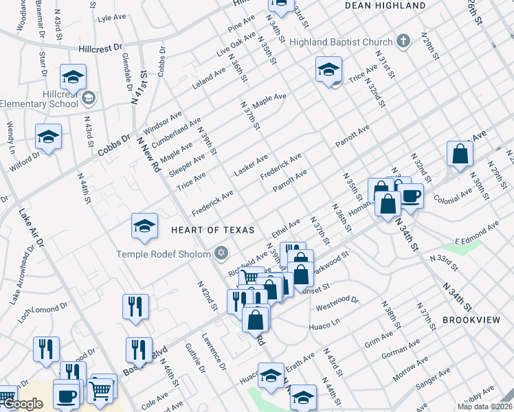 map of restaurants, bars, coffee shops, grocery stores, and more near 3820 Parrott Avenue in Waco