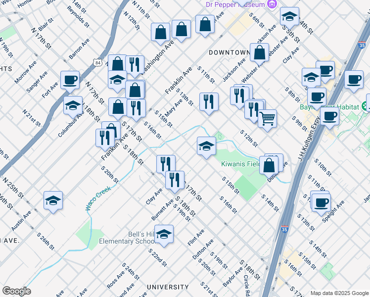 map of restaurants, bars, coffee shops, grocery stores, and more near 503 South 15th Street in Waco