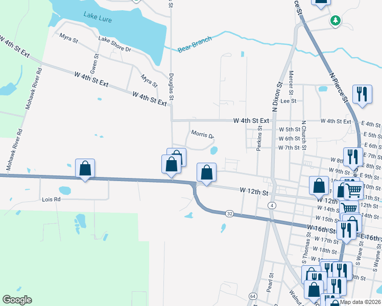map of restaurants, bars, coffee shops, grocery stores, and more near 125-199 Morris Drive in Alma