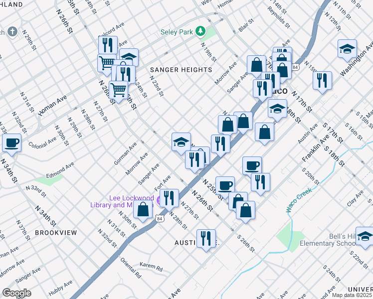 map of restaurants, bars, coffee shops, grocery stores, and more near 615 North 25th Street in Waco