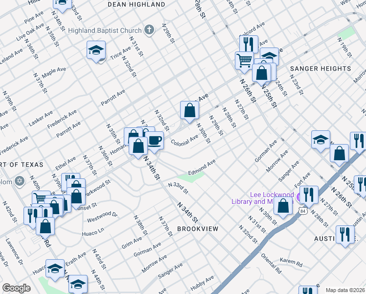 map of restaurants, bars, coffee shops, grocery stores, and more near 3108 Colonial Avenue in Waco