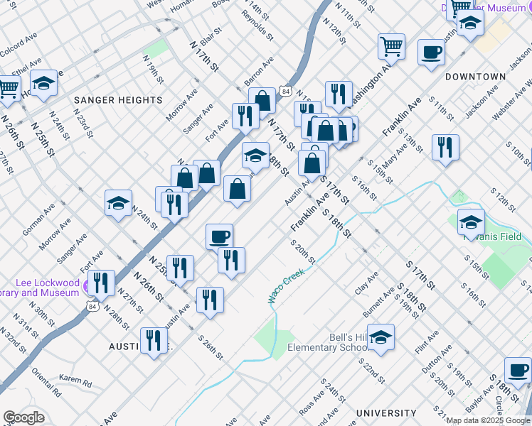 map of restaurants, bars, coffee shops, grocery stores, and more near 1923 Austin Avenue in Waco