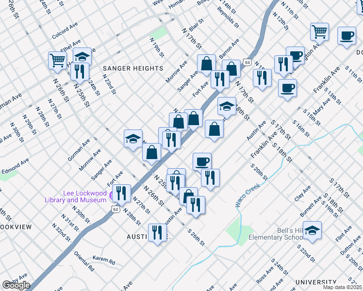 map of restaurants, bars, coffee shops, grocery stores, and more near 2210 West Waco Drive in Waco