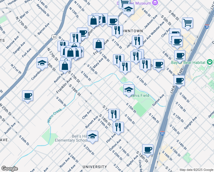 map of restaurants, bars, coffee shops, grocery stores, and more near 503 South 15th Street in Waco
