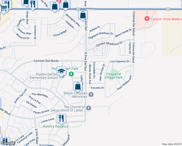 map of restaurants, bars, coffee shops, grocery stores, and more near 1053 Monte Vista Avenue in Sierra Vista