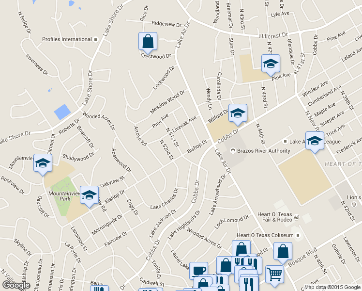 map of restaurants, bars, coffee shops, grocery stores, and more near 2217 North 51st Street in Waco