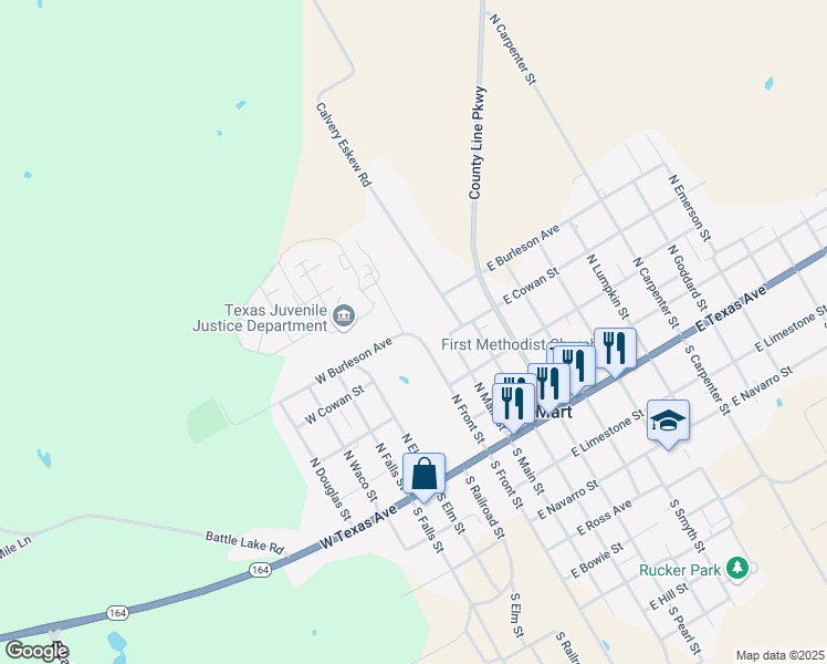map of restaurants, bars, coffee shops, grocery stores, and more near 116 West Burleson Avenue in Mart