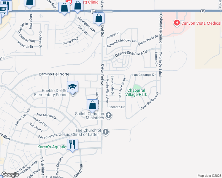 map of restaurants, bars, coffee shops, grocery stores, and more near 1060 Escondido Drive in Sierra Vista