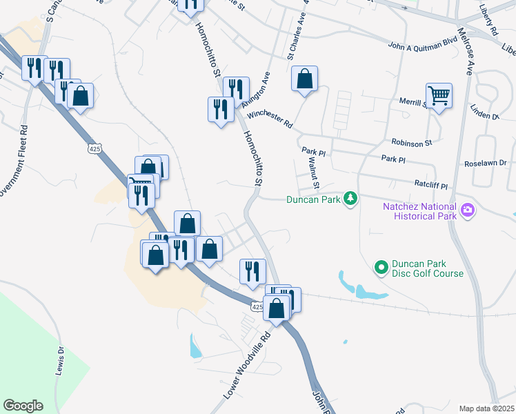 map of restaurants, bars, coffee shops, grocery stores, and more near 147 Homochitto Street in Natchez