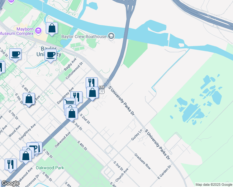 map of restaurants, bars, coffee shops, grocery stores, and more near 2200 South University Parks Drive in Waco