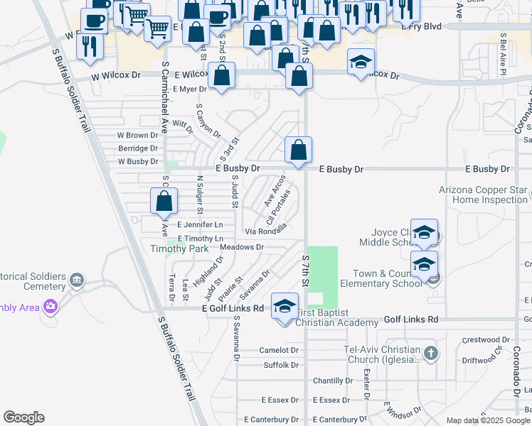 map of restaurants, bars, coffee shops, grocery stores, and more near 207 Avenue Arcos in Sierra Vista
