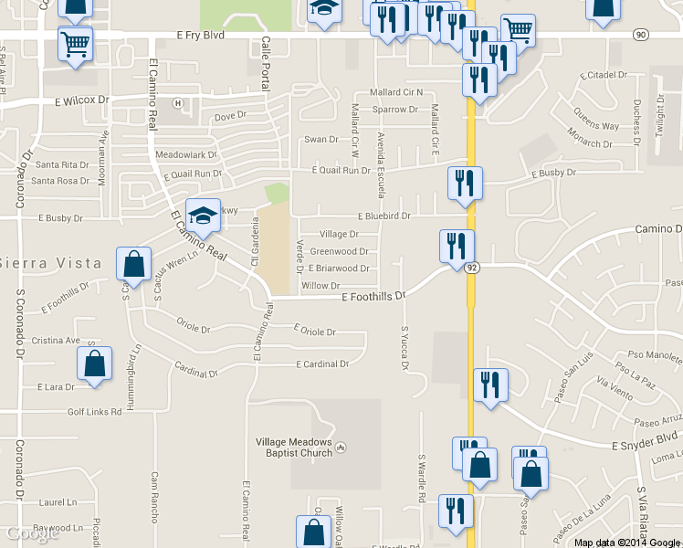 map of restaurants, bars, coffee shops, grocery stores, and more near 3448 East Briarwood Drive in Sierra Vista