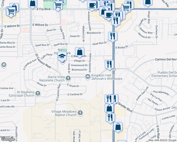 map of restaurants, bars, coffee shops, grocery stores, and more near 3596 Briarwood Drive in Sierra Vista