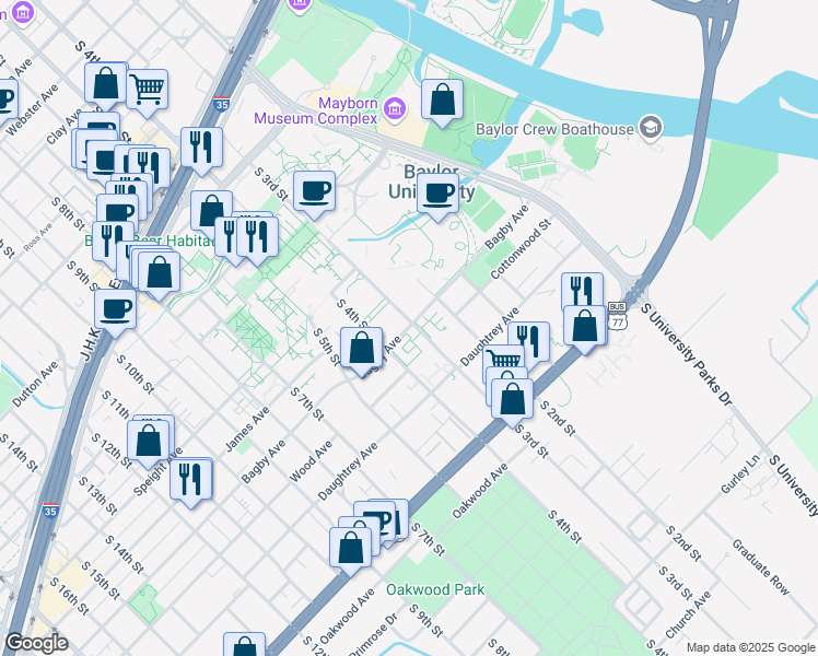 map of restaurants, bars, coffee shops, grocery stores, and more near 302 Bagby Avenue in Waco