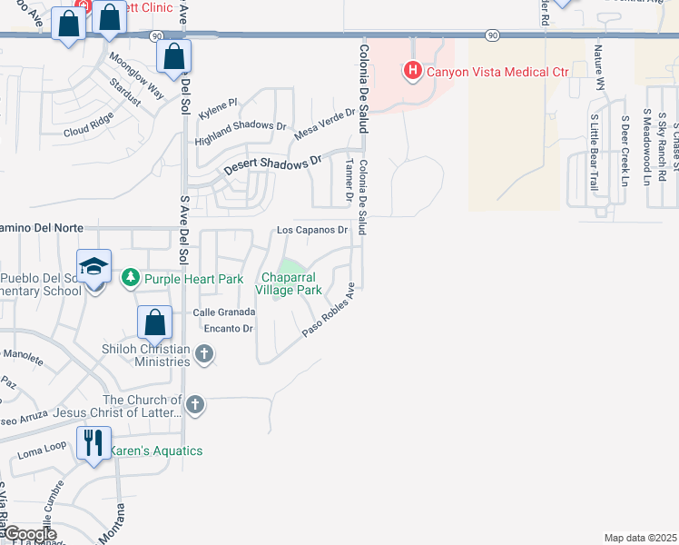 map of restaurants, bars, coffee shops, grocery stores, and more near 1003 Estancia Drive in Sierra Vista