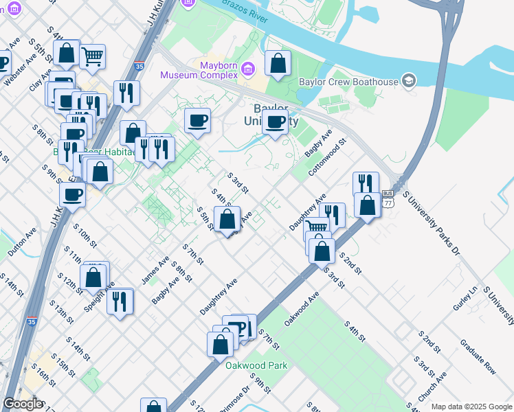 map of restaurants, bars, coffee shops, grocery stores, and more near 302 Bagby Avenue in Waco