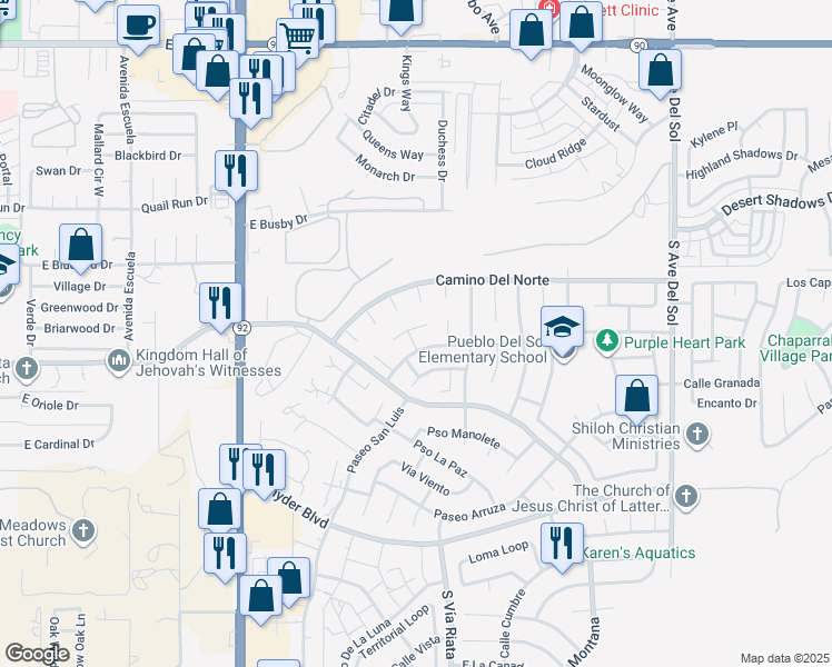 map of restaurants, bars, coffee shops, grocery stores, and more near 4620 Vía Felipe in Sierra Vista