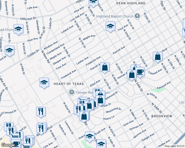 map of restaurants, bars, coffee shops, grocery stores, and more near 3729 Colcord Avenue in Waco