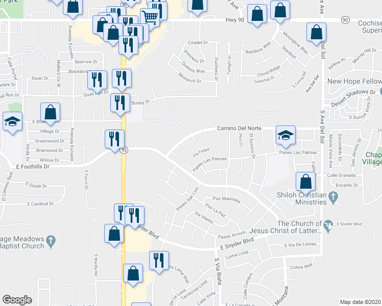 map of restaurants, bars, coffee shops, grocery stores, and more near 4523 Vía Felipe in Sierra Vista