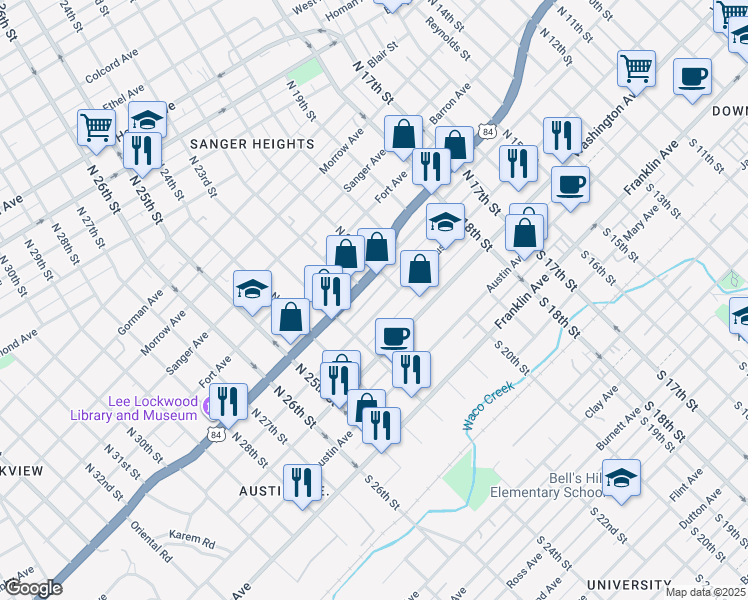 map of restaurants, bars, coffee shops, grocery stores, and more near 2116 Columbus Avenue in Waco