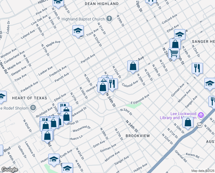 map of restaurants, bars, coffee shops, grocery stores, and more near 3317 Bosque Boulevard in Waco