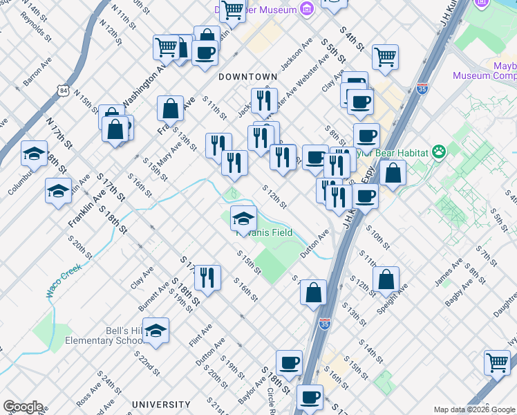 map of restaurants, bars, coffee shops, grocery stores, and more near 721 South 13th Street in Waco
