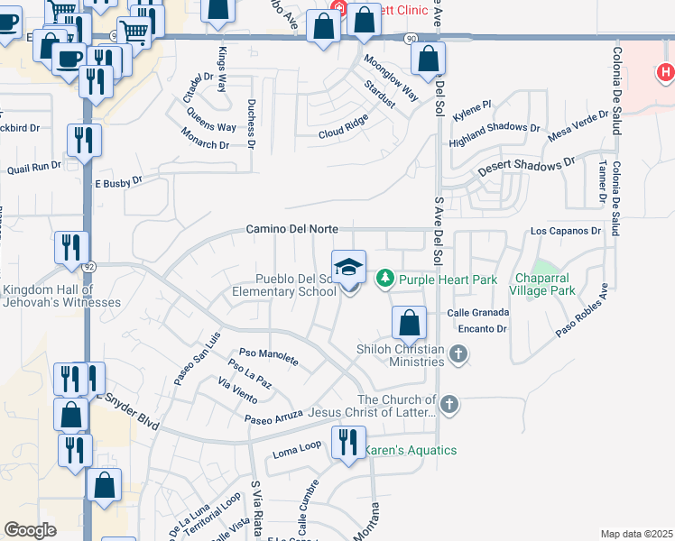 map of restaurants, bars, coffee shops, grocery stores, and more near 5115 Paseo Las Palmas in Sierra Vista