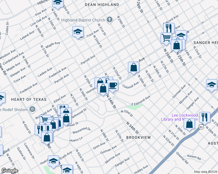 map of restaurants, bars, coffee shops, grocery stores, and more near 3317 Bosque Boulevard in Waco