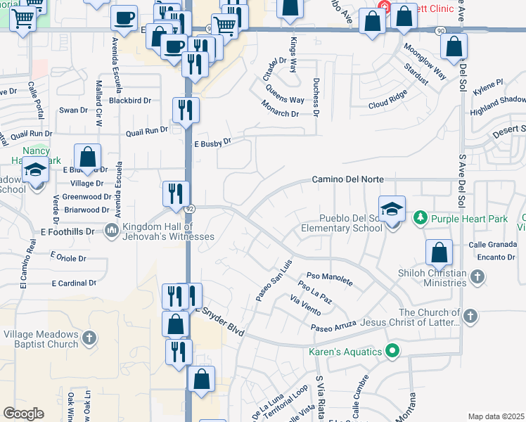 map of restaurants, bars, coffee shops, grocery stores, and more near 1017 South Plaza Aguilar in Sierra Vista