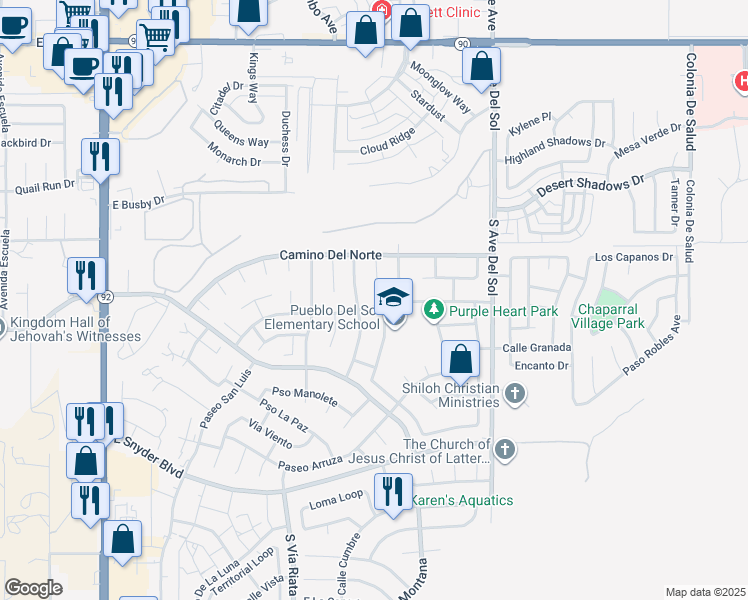 map of restaurants, bars, coffee shops, grocery stores, and more near 5115 Paseo Las Palmas in Sierra Vista