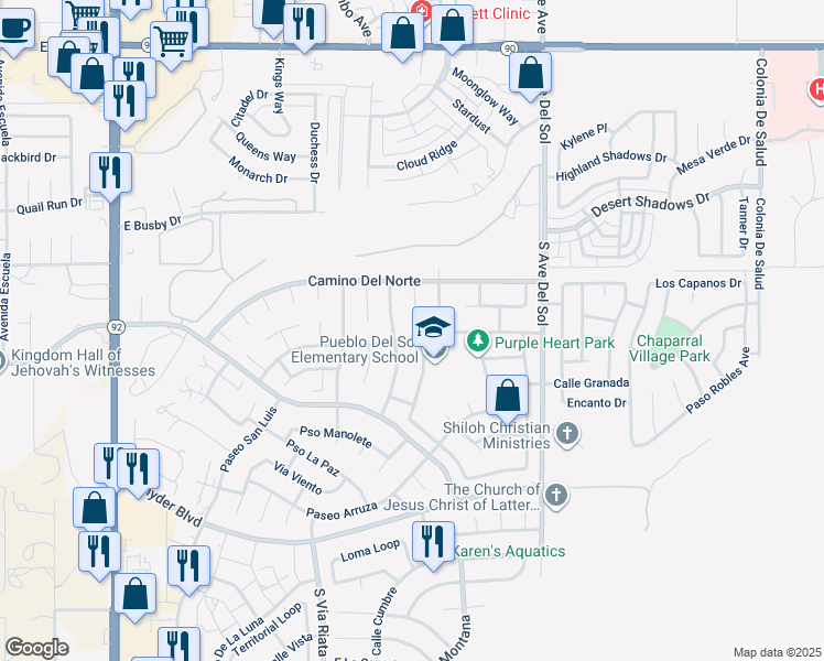 map of restaurants, bars, coffee shops, grocery stores, and more near 5115 Paseo Las Palmas in Sierra Vista