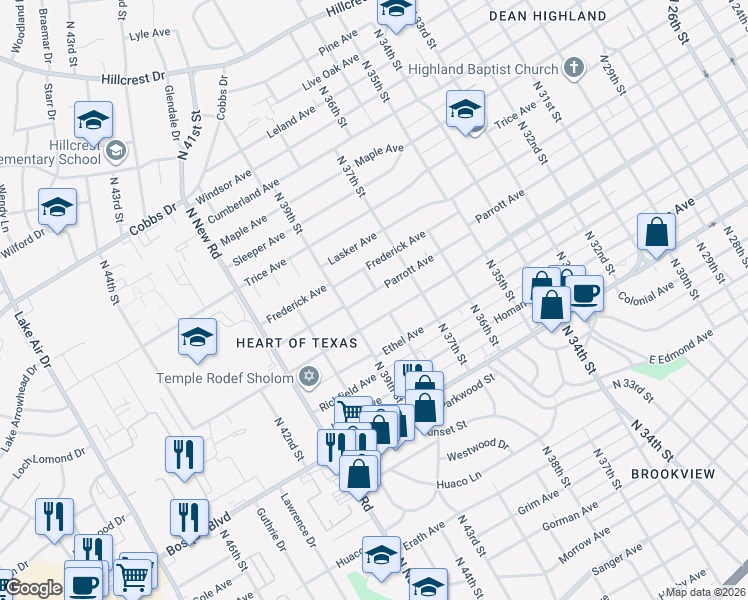 map of restaurants, bars, coffee shops, grocery stores, and more near 3820 Parrott Avenue in Waco