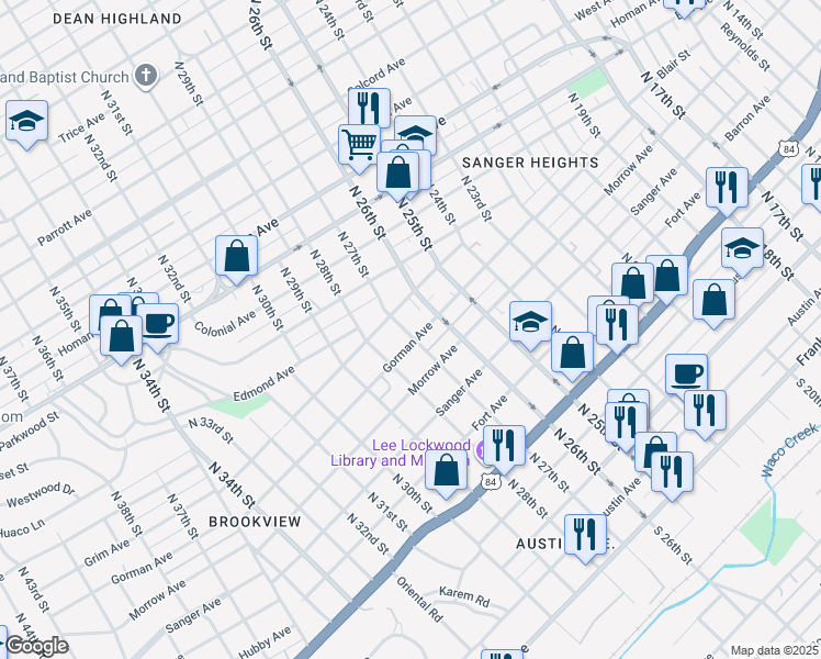 map of restaurants, bars, coffee shops, grocery stores, and more near 2700 Grim Avenue in Waco