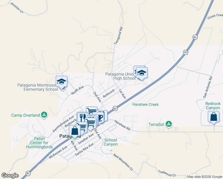 map of restaurants, bars, coffee shops, grocery stores, and more near 116 Red Rock Canyon Road in Patagonia