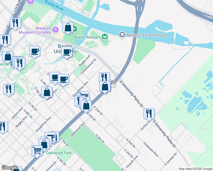 map of restaurants, bars, coffee shops, grocery stores, and more near 2100 River Street in Waco
