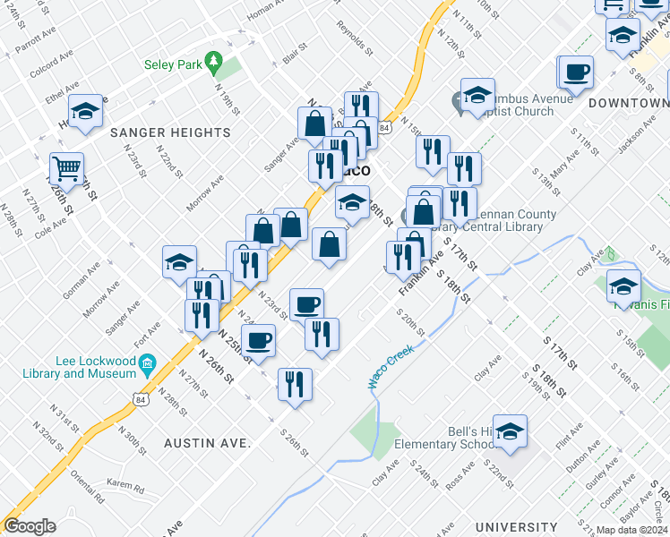 map of restaurants, bars, coffee shops, grocery stores, and more near 2011 Washington Avenue in Waco