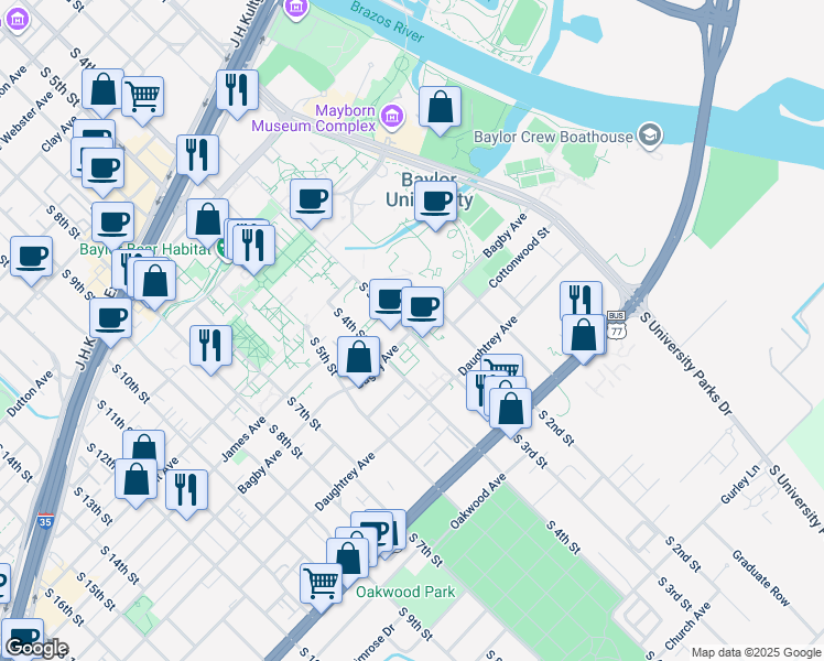 map of restaurants, bars, coffee shops, grocery stores, and more near 288 Bagby Avenue in Waco