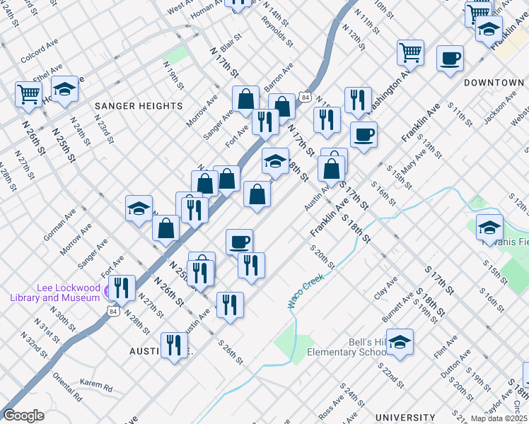 map of restaurants, bars, coffee shops, grocery stores, and more near 2025 Washington Avenue in Waco
