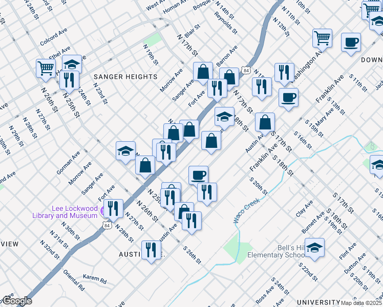 map of restaurants, bars, coffee shops, grocery stores, and more near 2116 Columbus Avenue in Waco