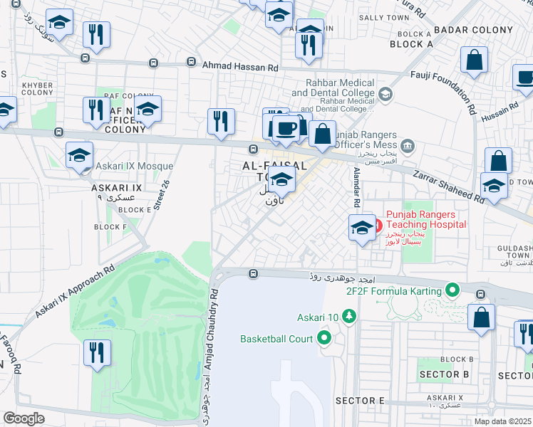 map of restaurants, bars, coffee shops, grocery stores, and more near Bahar Shah Road in Lahore