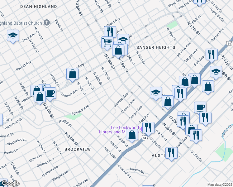 map of restaurants, bars, coffee shops, grocery stores, and more near 2700 Grim Avenue in Waco