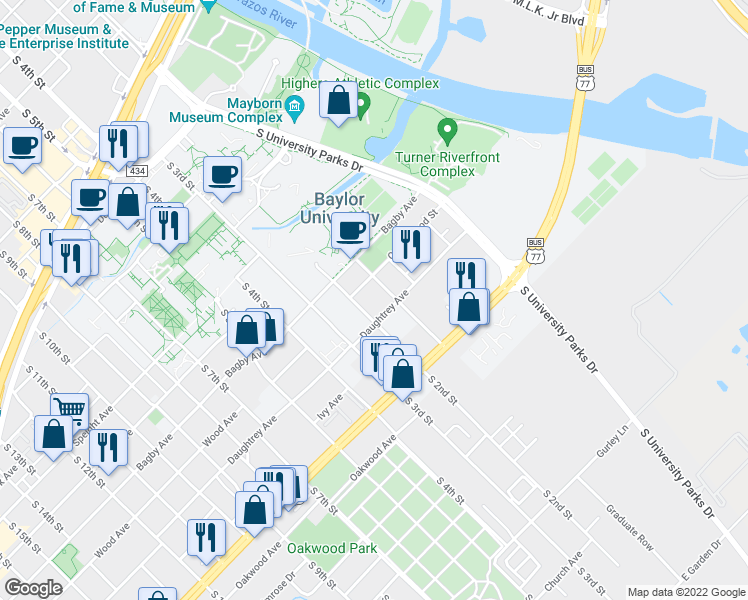 map of restaurants, bars, coffee shops, grocery stores, and more near 1818 South 2nd Street in Waco
